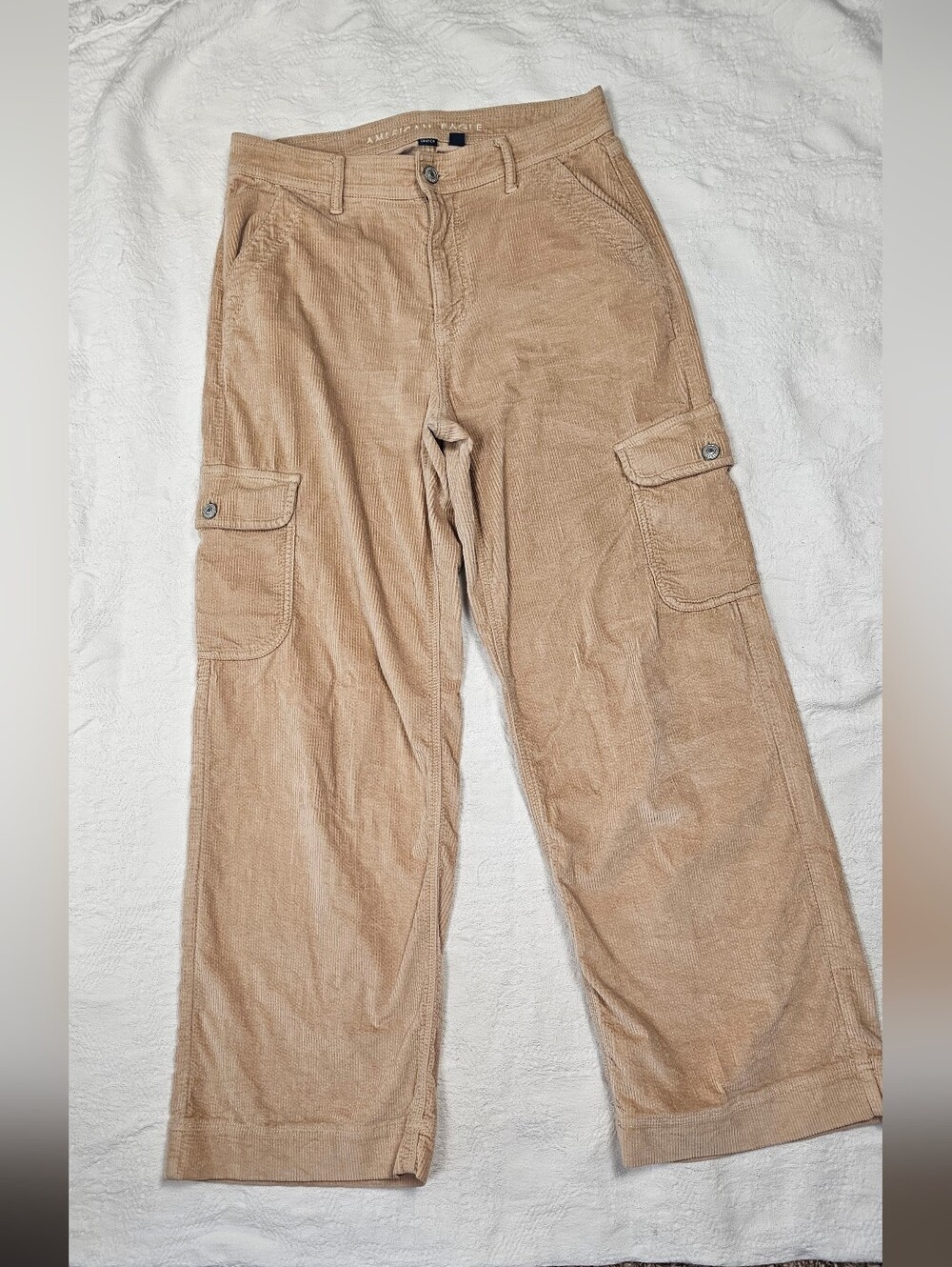 AE American Eagle High Rise Wide Leg Corduroy Cargo Pants 8 Beige